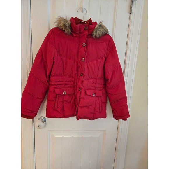 New York & Company Red Faux Fur Trim Womens Winter Puffer Coat Size M Polyester - Picture 2 of 4